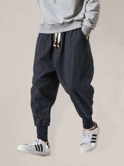 Men's hip hop breathable cotton linen trousers, solid color bloomers, casual pants.