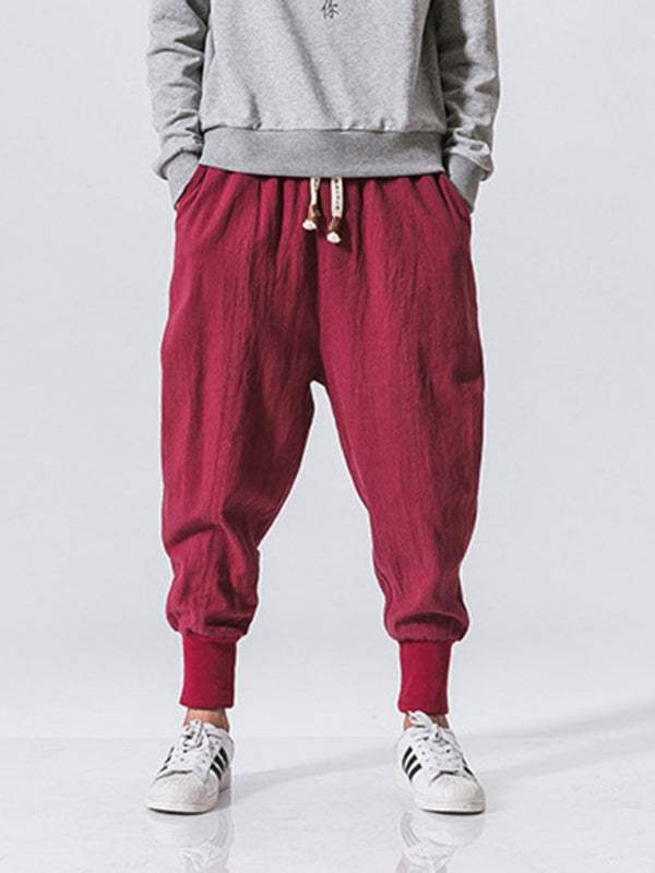 Chic Linen Hip Hop Trousers for Men - Breathable Cotton Blend Casual Pants in Solid Colors