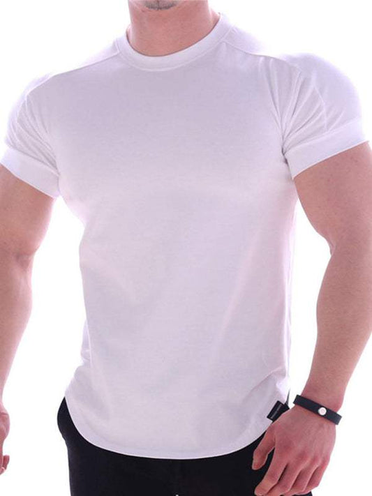 Fitness trendy brand white quick-drying round neck elastic short-sleeved tight-fitting sports T-shirt.