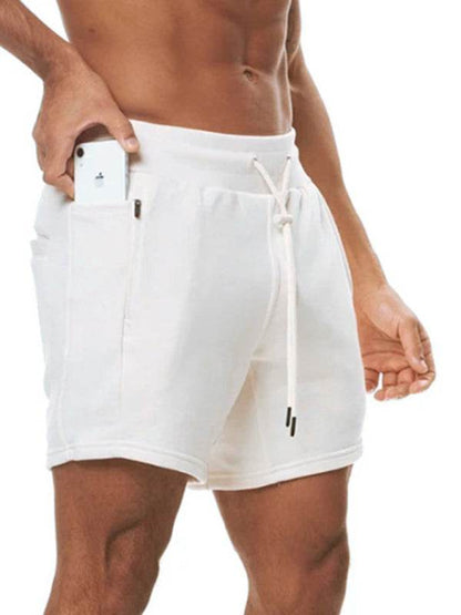 Men's sports gym shorts with multi pockets and hanging towel, running training pants in cotton.