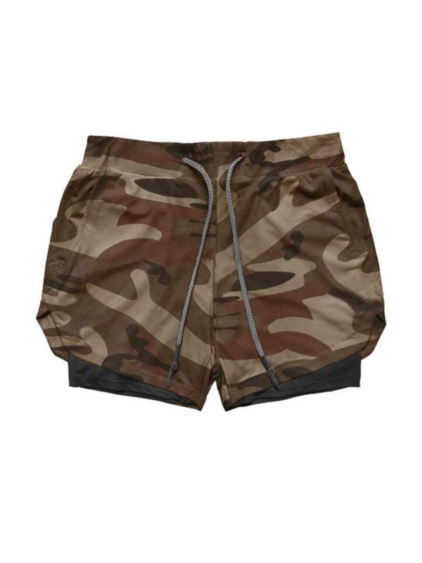 Men's camouflage double layer gym shorts with multiple pockets, ideal for outdoor sports and leisure activities.