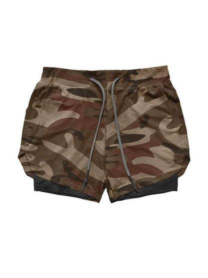 Men's camouflage double layer gym shorts with multiple pockets, ideal for outdoor sports and leisure activities.