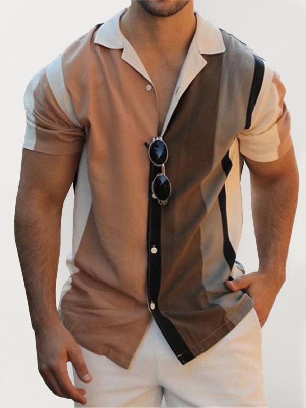 Men's striped casual lapel short sleeve shirt in beige with black and white accents.