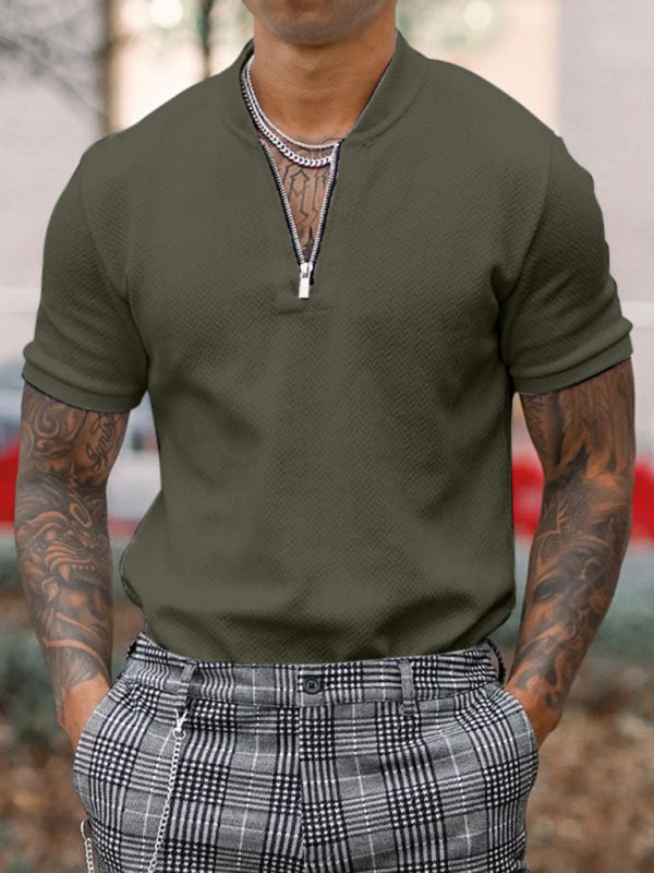 Solid Zipper Stand Collar Men's Casual T-Shirt