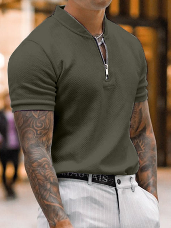 Solid Zipper Stand Collar Men's Casual T-Shirt