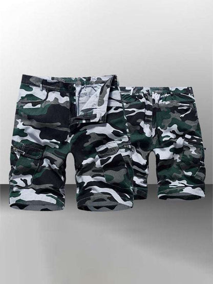 Men's camouflage print cargo shorts with flap pockets, mid-waist, polyester material.