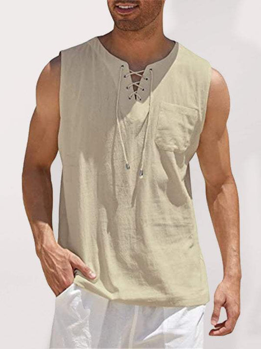 Men's woven tie stand collar pullover vest, sleeveless, beige color, lace-up design.