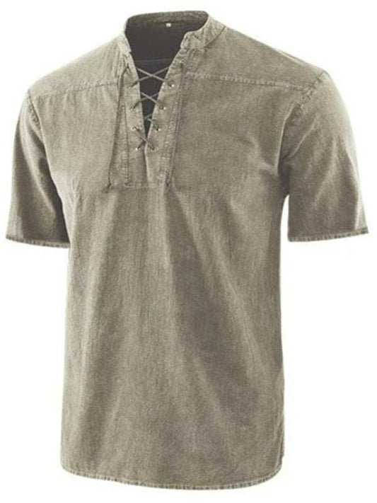 Men's retro lace-up collar casual short sleeve shirt in woven fabric.