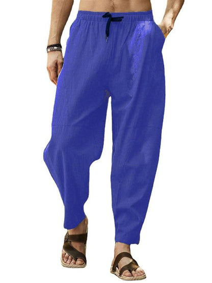 Men's casual loose cotton and linen drawstring lantern pants, blue, mid waist, hip-hop style.