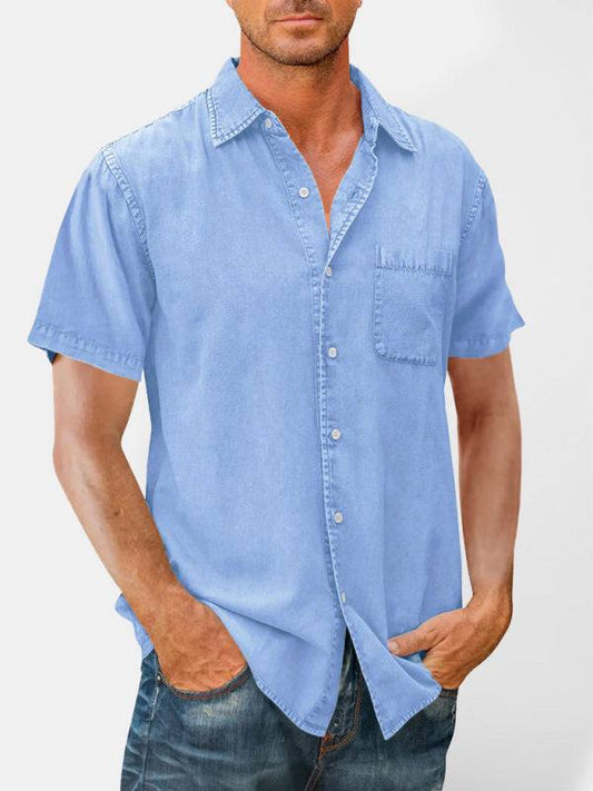 Men's casual solid color short sleeve slim fit lapel shirt in blue.