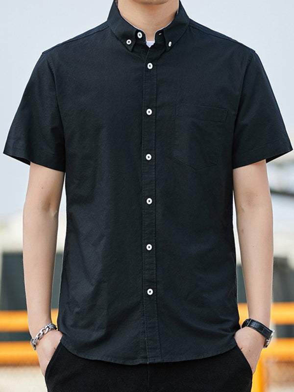 Youthful Casual Oxford Short-Sleeve Shirt with Stylish Double Pockets for Effortless Outings