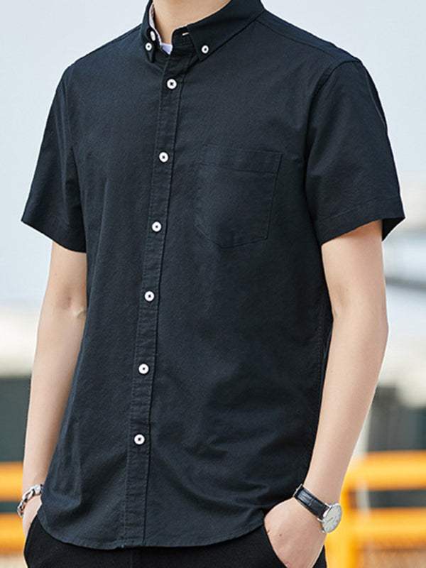 Youthful Casual Oxford Short-Sleeve Shirt with Stylish Double Pockets for Effortless Outings