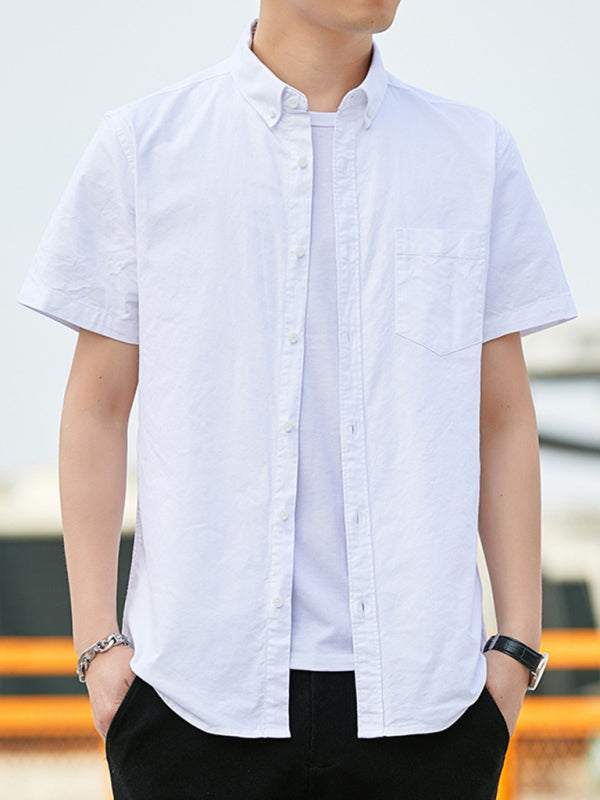 Youthful Casual Oxford Short-Sleeve Shirt with Stylish Double Pockets for Effortless Outings