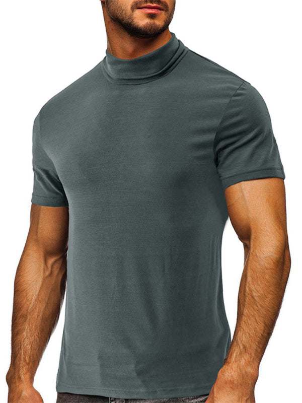 Men's turtleneck short-sleeved t-shirt, solid color, polyester and spandex, leisure style.