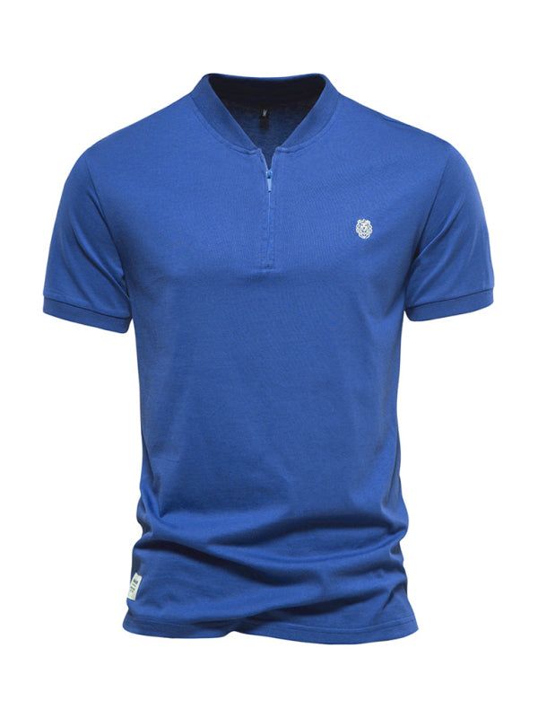 Men's blue cotton V-neck zipper short sleeve T-shirt with logo.