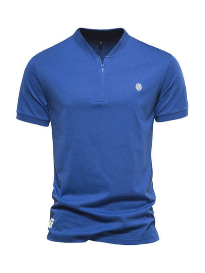 Men's blue cotton V-neck zipper short sleeve T-shirt with logo.