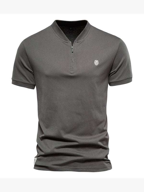 Stylish Men's Cotton V-Neck Zip-Up Short Sleeve Tee for Effortless Casual Elegance