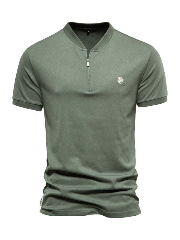 Stylish Men's Cotton V-Neck Zip-Up Short Sleeve Tee for Effortless Casual Elegance