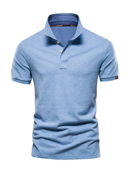 Men's solid color lapel casual short-sleeved polo shirt in blue, 100% cotton.