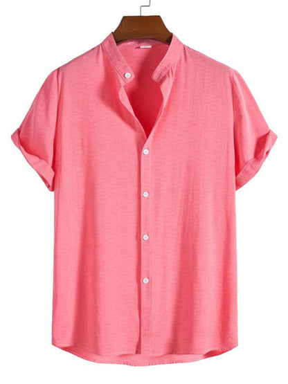 Men's trendy casual stand collar short sleeve shirt in pink.