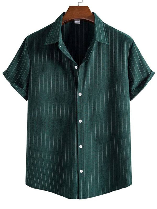 Men's casual striped short sleeve shirt in green with white buttons.