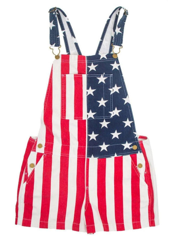 American Flag Print Matching Independence Day Overalls