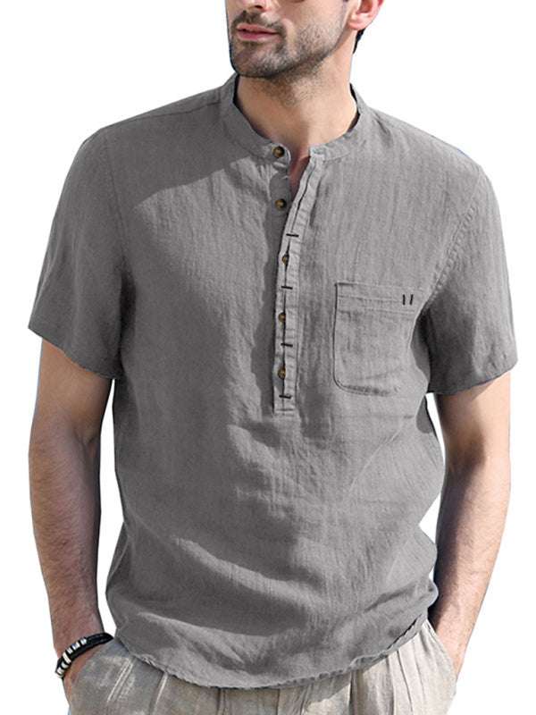 Men's gray woven short-sleeved cotton and linen shirt with a welt pocket.