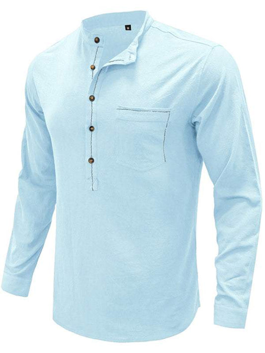 Men's blue woven cotton and linen long-sleeved shirt with button detail.