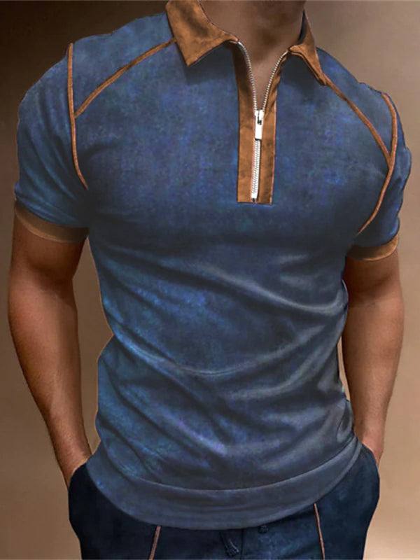 Men's color block zipper lapel short sleeve polo shirt, fashion casual wear.