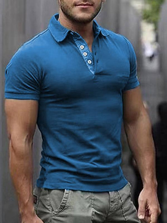 Men's solid color lapel short sleeve polo shirt in blue, featuring a classic design and comfortable fit.