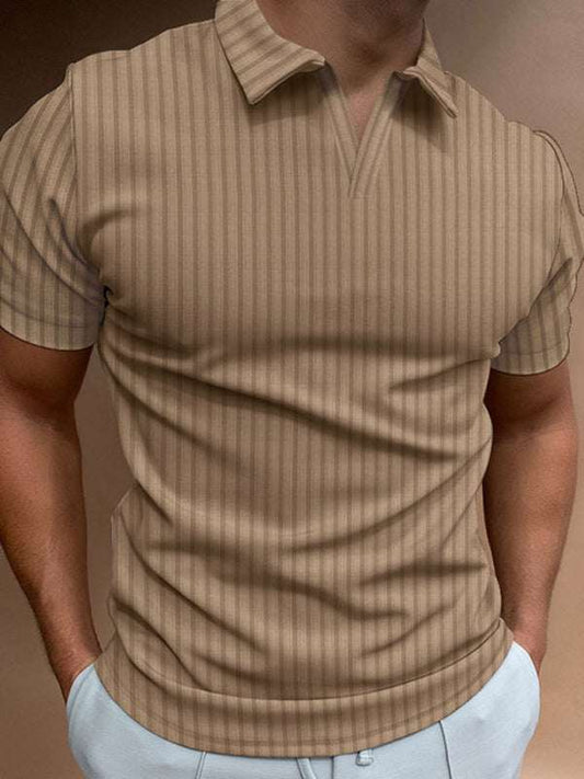 Men's solid color striped lapel short sleeve polo shirt in beige, featuring dropped shoulder sleeves and knit fabric.