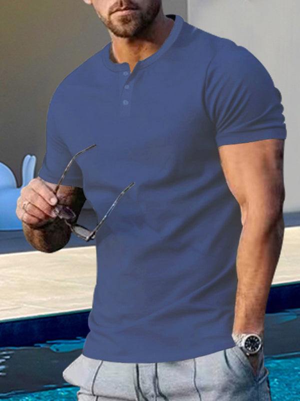 Men's short sleeve Henley round neck slim fit athletic T-shirt in blue.