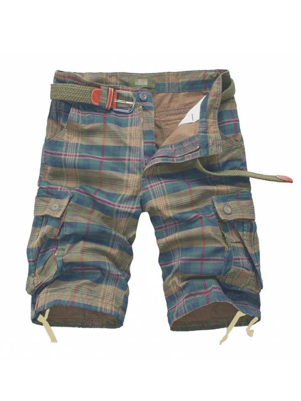 Men's sweatpants half pocket plaid cargo shorts in cotton, leisure style for spring-summer.