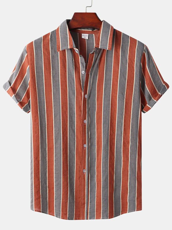 Hawaiian style casual beach vacation printed men's shirt with vertical stripes.