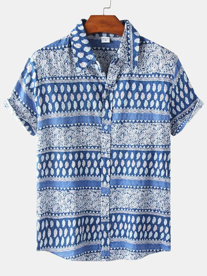 Men's floral short sleeve shirt, blue and white pattern, polyester-cotton blend, casual spring-summer wear.