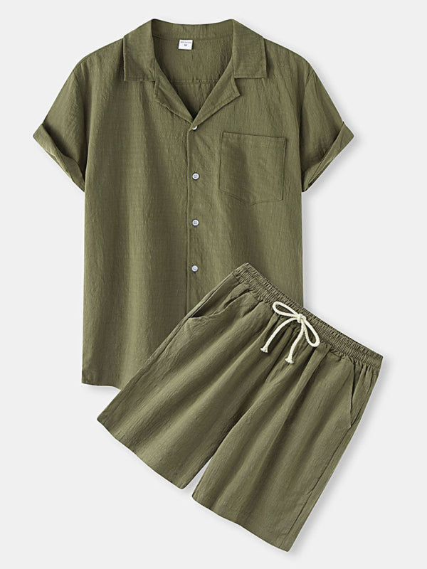 Men's Cotton Linen Casual Suit Set with Short-Sleeved T-shirt and Shorts