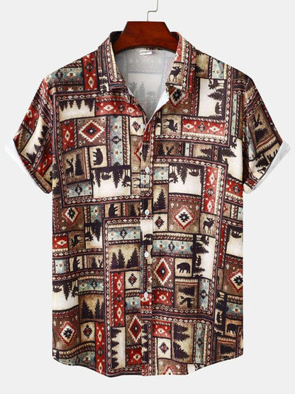 Men's floral print design short sleeve beach vacation shirt.