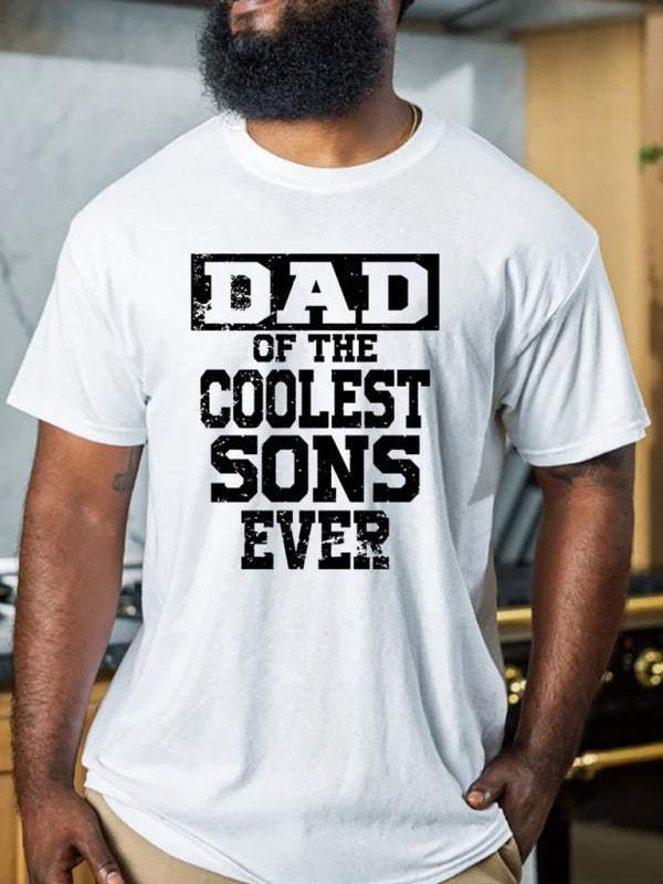 Men's letter print round neck short sleeve T-shirt with "DAD OF THE COOLEST SONS EVER" design.