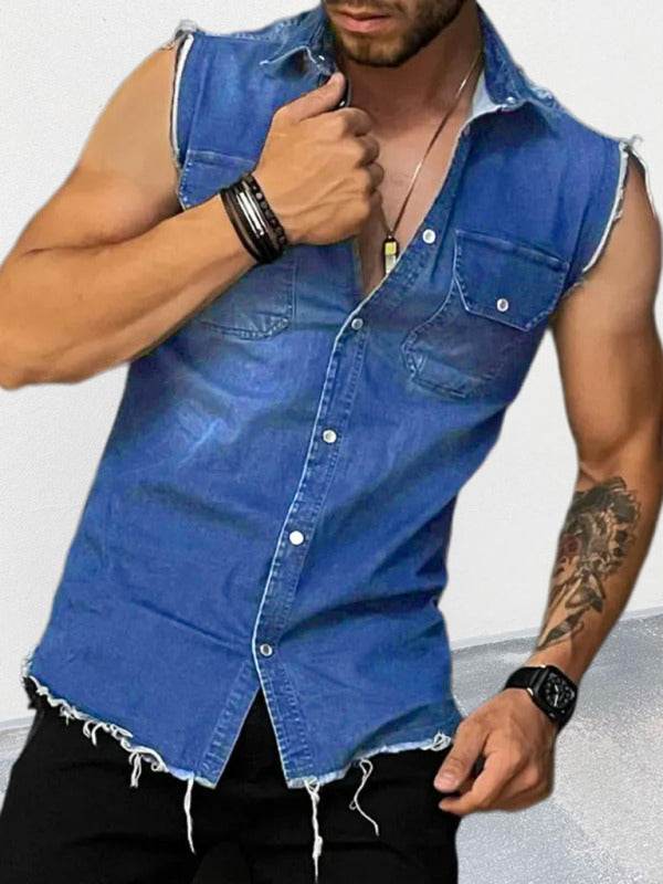 Stylish Men's Sleeveless Denim Shirt with Lapel Collar - Perfect for Spring-Summer Outings!