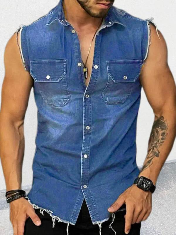 Men's denim lapel sleeveless shirt top, solid pattern, flap pockets, casual style.