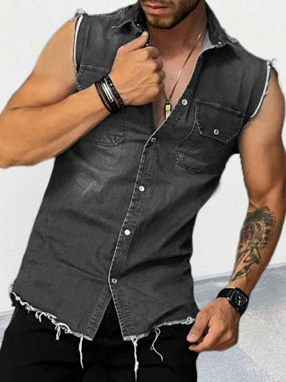 Stylish Men's Sleeveless Denim Shirt with Lapel Collar - Perfect for Spring-Summer Outings!