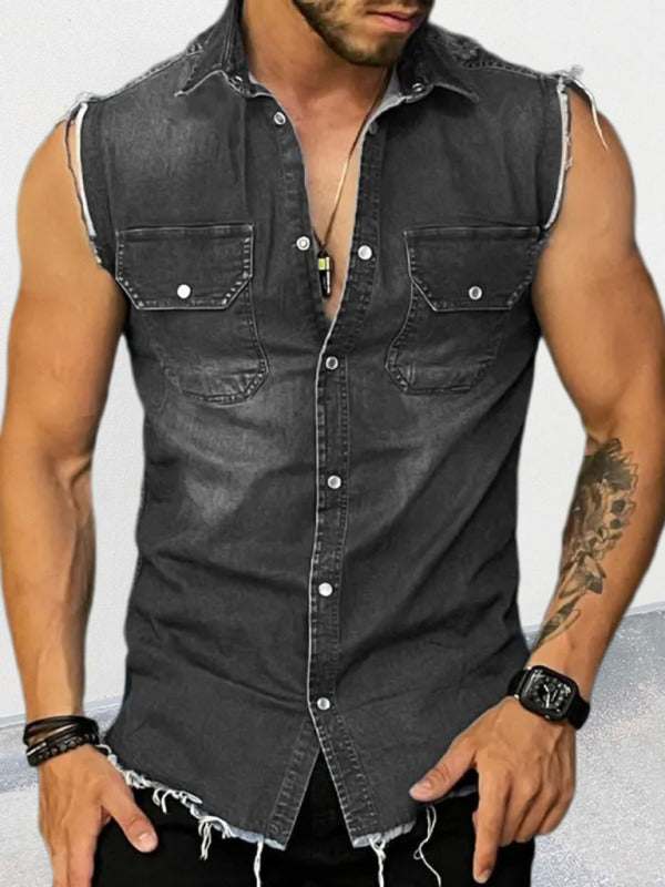 Stylish Men's Sleeveless Denim Shirt with Lapel Collar - Perfect for Spring-Summer Outings!