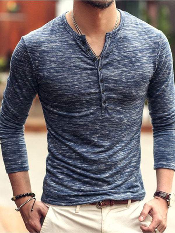 Chic Open Placket Slub Silk Long-Sleeve Slim Fit T-Shirt for Men