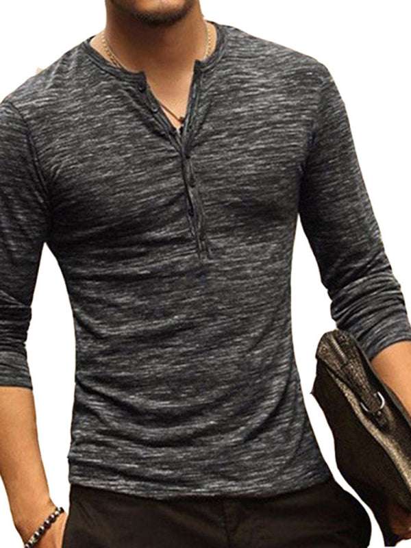 Chic Open Placket Slub Silk Long-Sleeve Slim Fit T-Shirt for Men