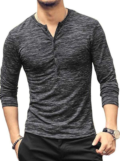 Chic Open Placket Slub Silk Long-Sleeve Slim Fit T-Shirt for Men