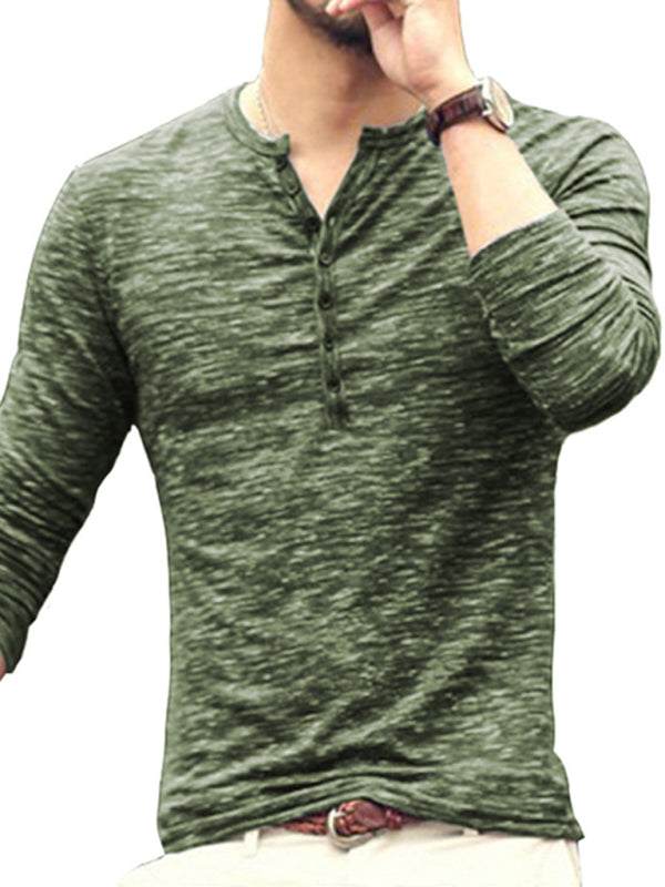 Chic Open Placket Slub Silk Long-Sleeve Slim Fit T-Shirt for Men