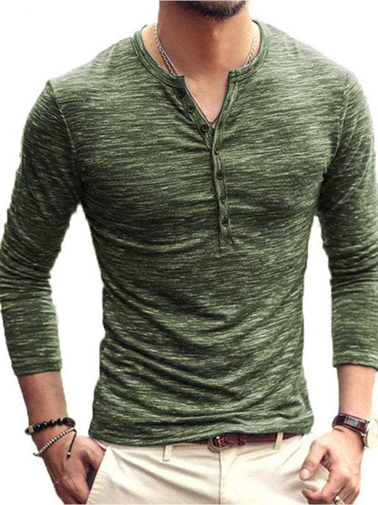 Chic Open Placket Slub Silk Long-Sleeve Slim Fit T-Shirt for Men