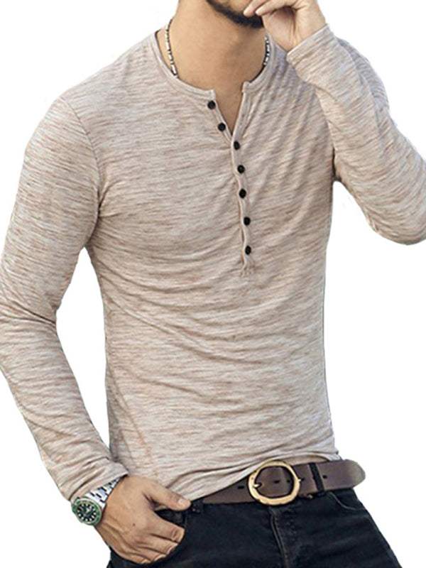 Chic Open Placket Slub Silk Long-Sleeve Slim Fit T-Shirt for Men