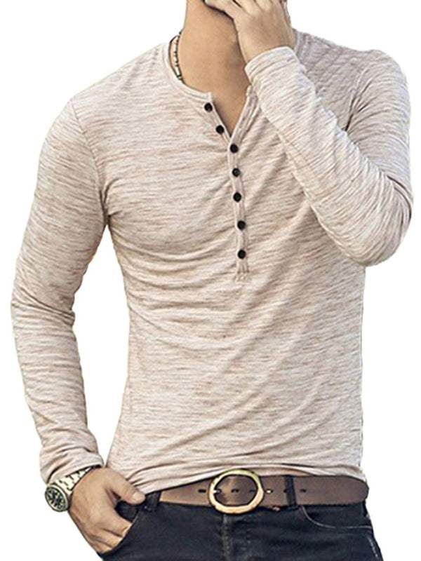 Chic Open Placket Slub Silk Long-Sleeve Slim Fit T-Shirt for Men