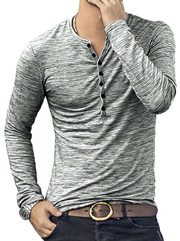 Fashionable men's open placket slub silk long-sleeved T-shirt in gray.